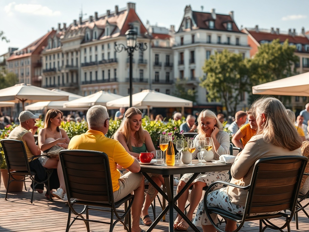 На улице кафе люди наслаждаются общением за столиками, вокруг много зелени и красивых зданий.