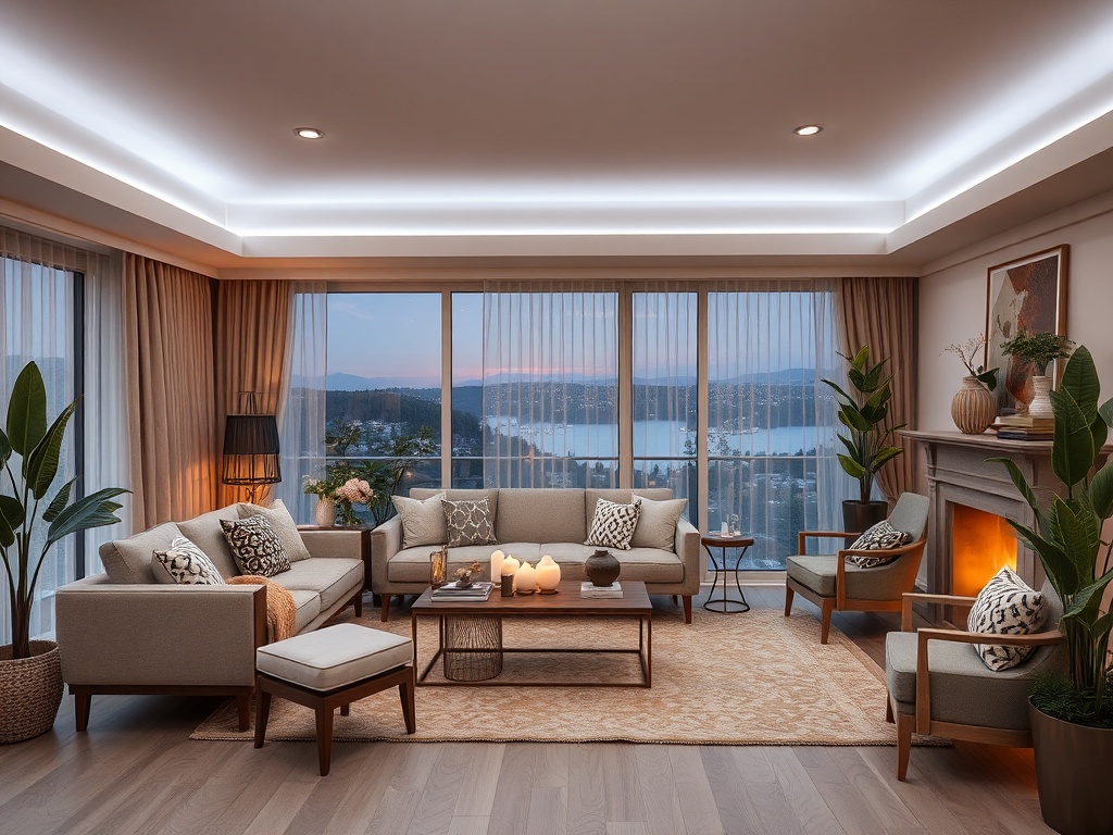 Современная гостиная с уютной мебелью, вечным светом и видом на озеро через большие окна.