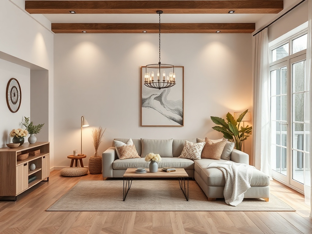 Светлая гостиная с современным диваном, уютным декором и большими окнами, пропускающими много света.