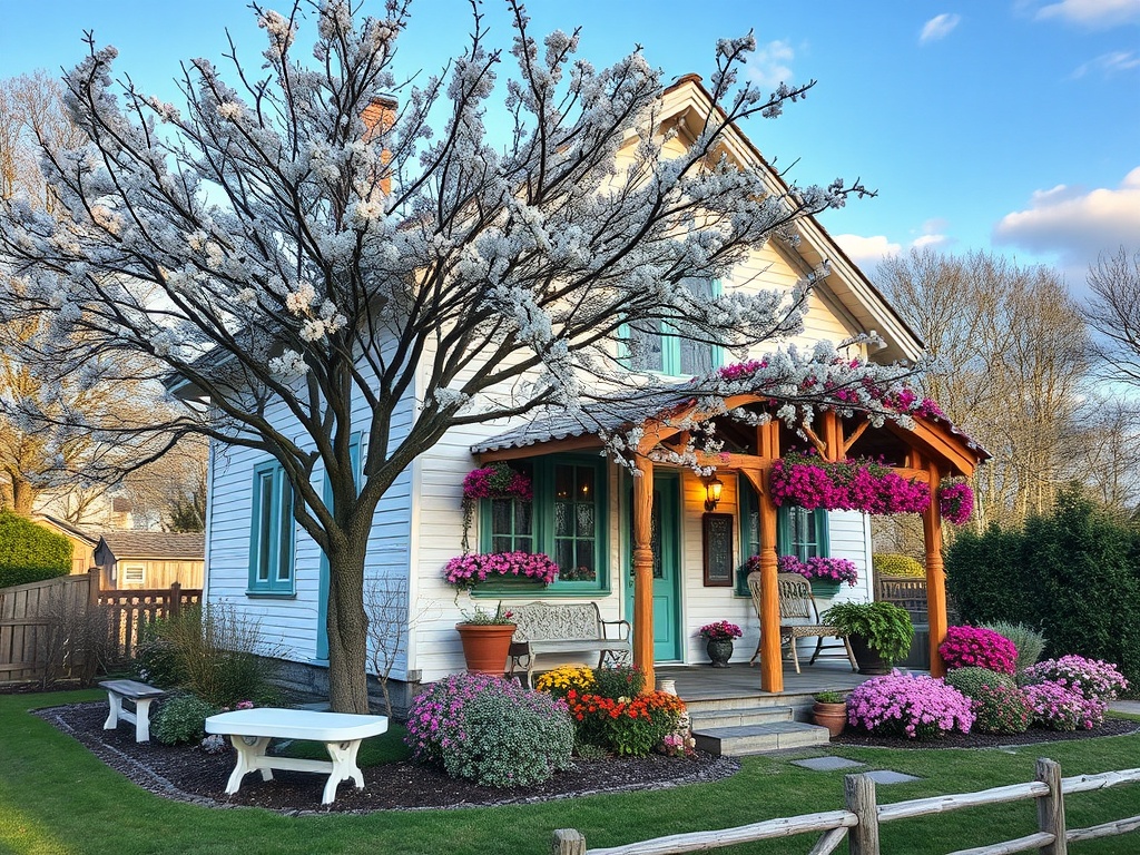 Прекрасный дом с цветущим деревом и цветами, расположенный в живописном саду на фоне голубого неба.