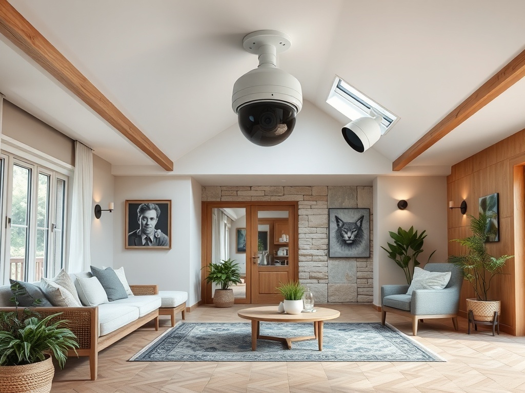 Современный интерьер с уютной мебелью, растениями и потолочными камерами наблюдения.