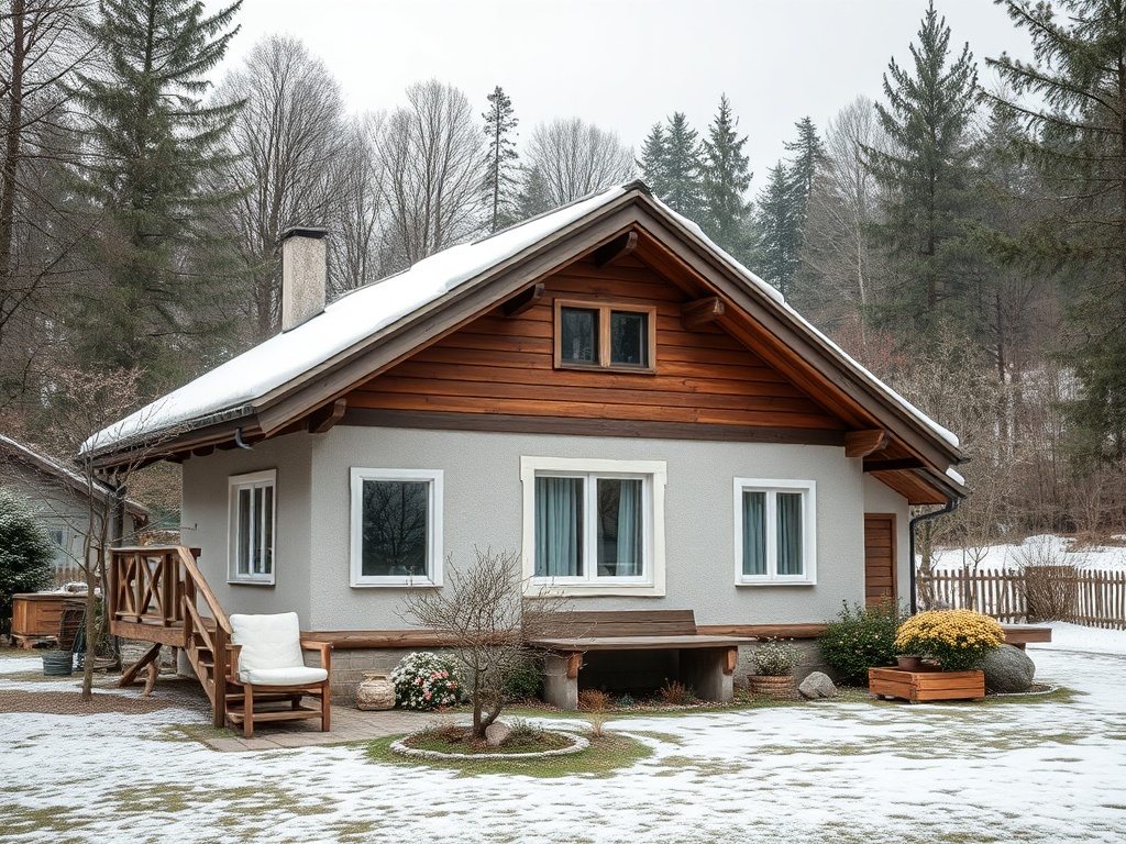 Уютный дом с деревянным фасадом, окружённый снегом и зелеными насаждениями, зимой в горах.