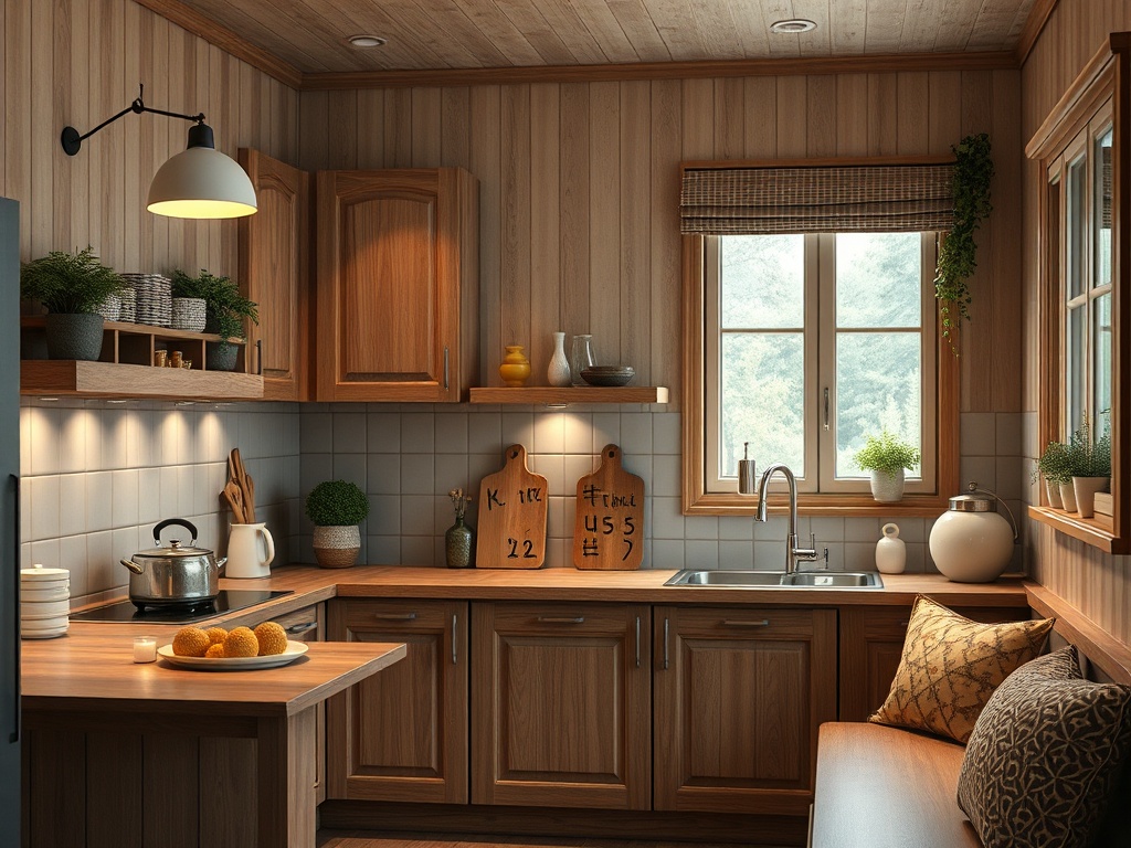 Современная кухня с деревянными шкафами, зелеными растениями и уютным уголком для отдыха.