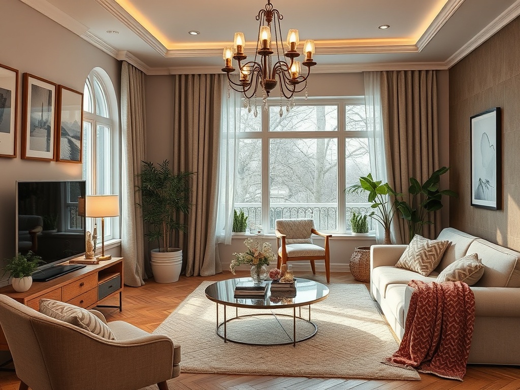 Современная гостиная с большим окном, диваном, стильной мебелью и уютным освещением.