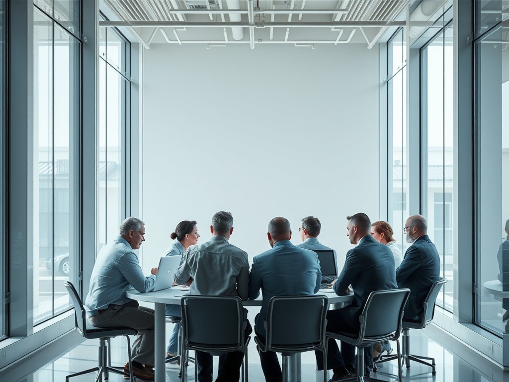 Группа людей в деловых костюмах за круглым столом в современном офисе, обсуждают важные вопросы.
