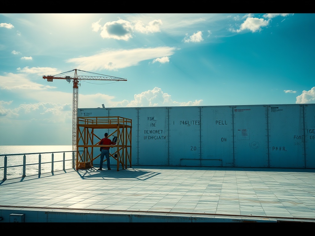 На платформе у моря человек работает на строительной лесах, над ним виден кран и облачное небо.