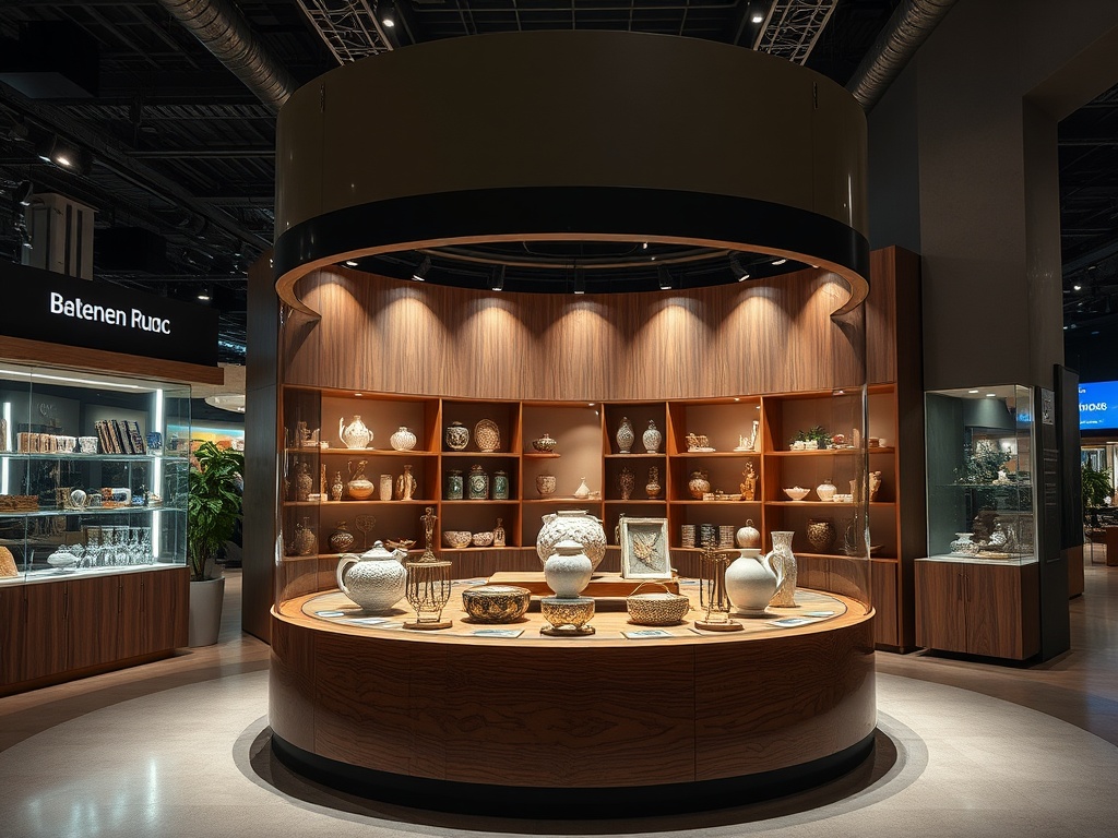Выставочный стенд с кофейными чашками и вазами, освещённый мягким светом, окружённый стеклянными витринами.