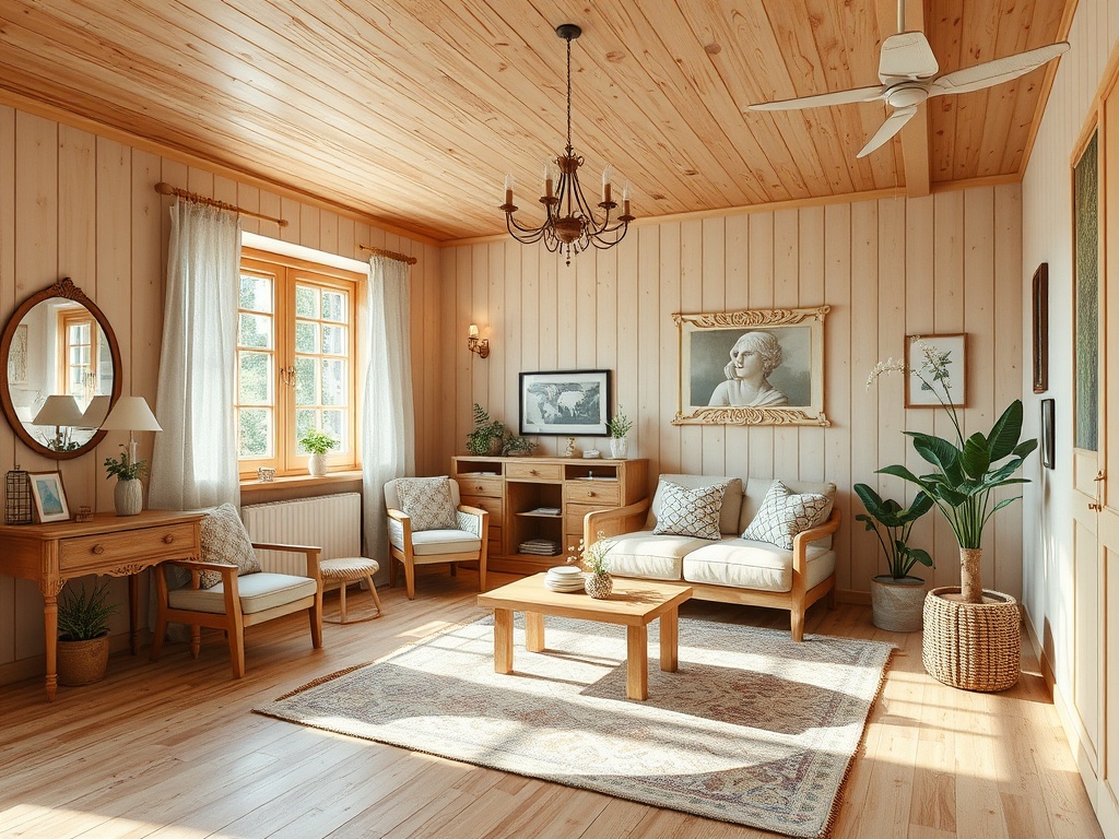 Современная гостинная с деревянным потолком, уютной мебелью и зелеными растениями у окна.