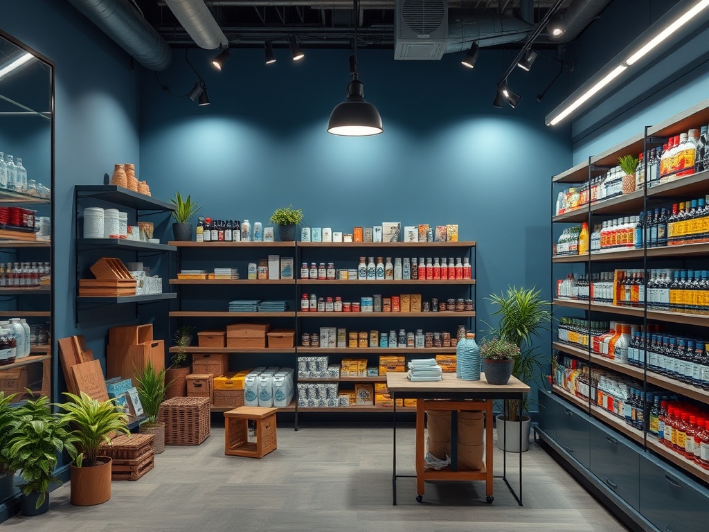 Современный магазин с полками, заполненными продуктами, растениями и уютной атмосферой.