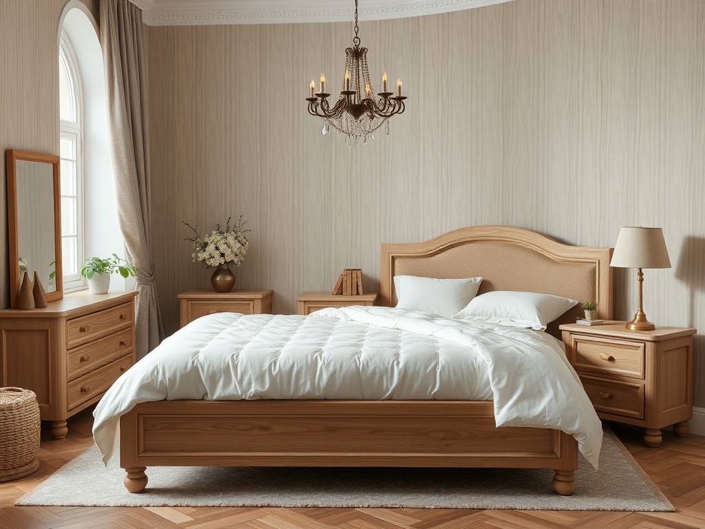 Современная спальня с деревянной мебелью, большой кроватью и люстрой, оформленная в светлых тонах.