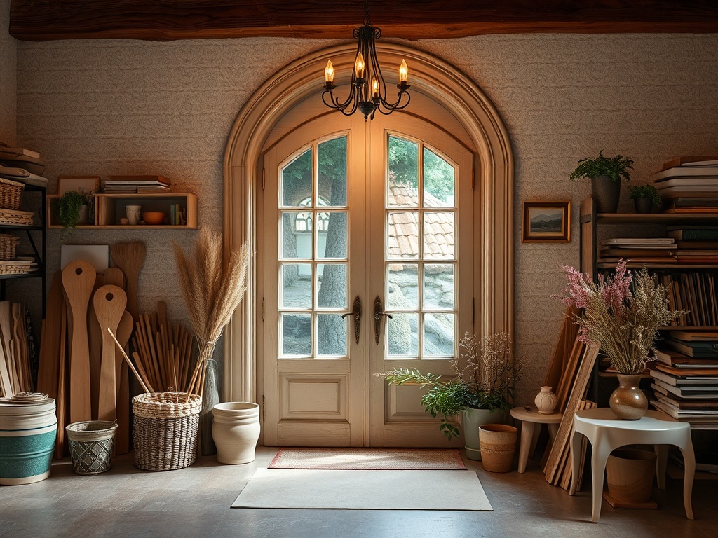Дверь с большими окнами, окружённая растениями и деревянными предметами, создаёт уютную атмосферу.