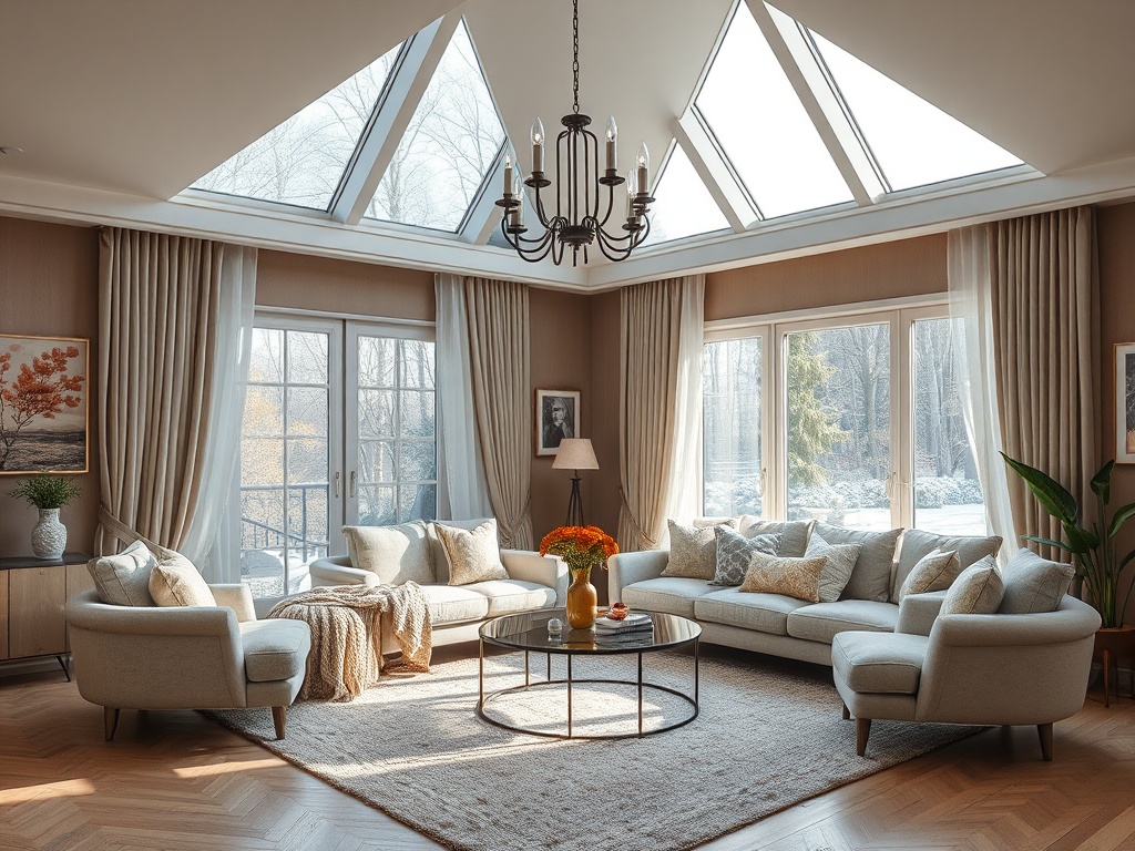 Современная гостиная с высоким потолком, большими окнами и уютной мебелью, наполненная светом и теплом.