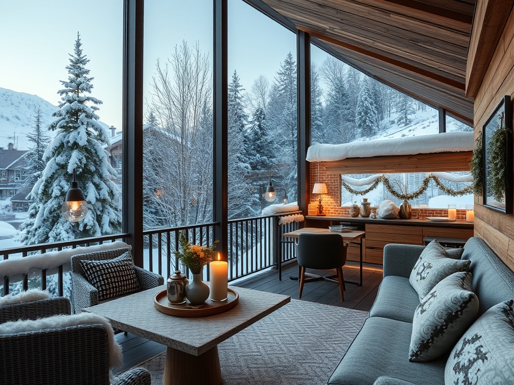 Уютная комната с панорамными окнами, снежным пейзажем и теплым освещением в зимний вечер.