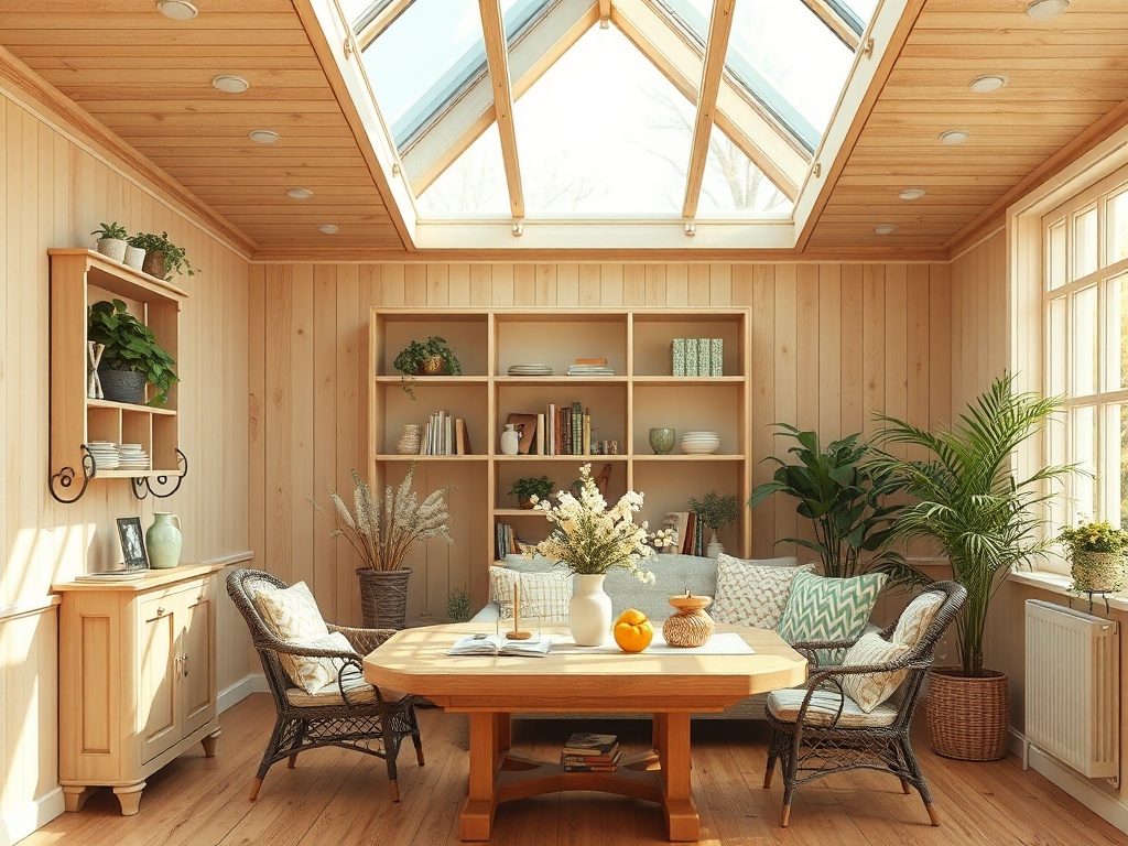 Светлая комната с большими окнами, деревянными стенами, растениями и уютной мебелью, идеальное место для отдыха.