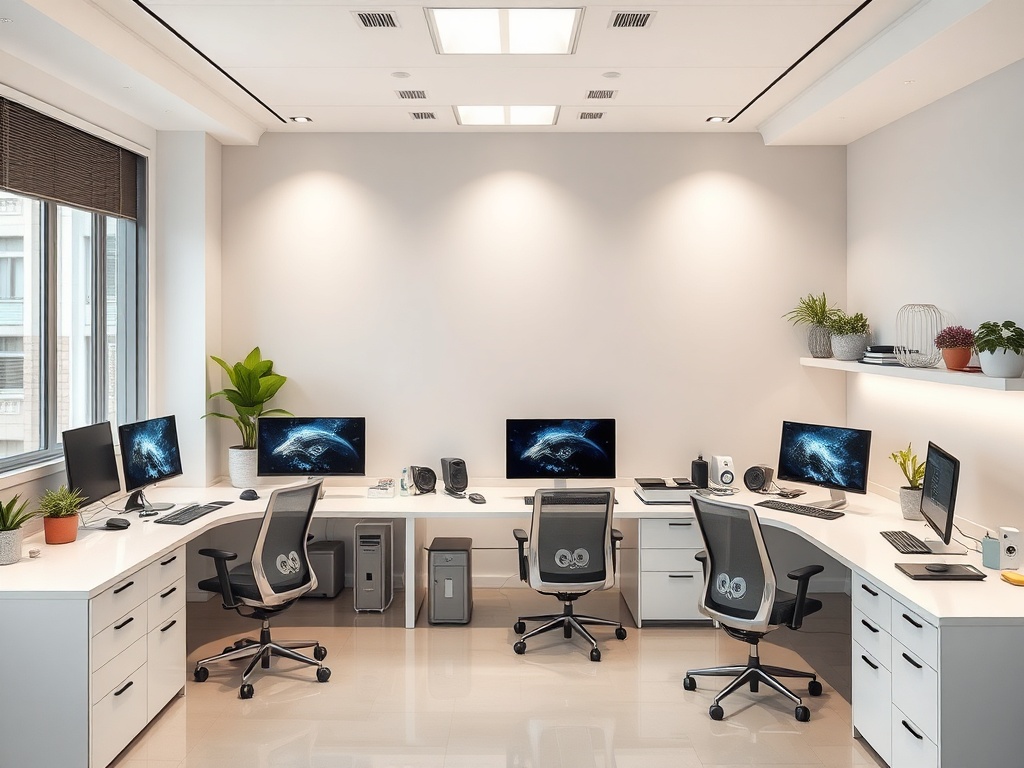 Современный офис с четырьмя рабочими местами, компьютерами и зелеными растениями на столах.