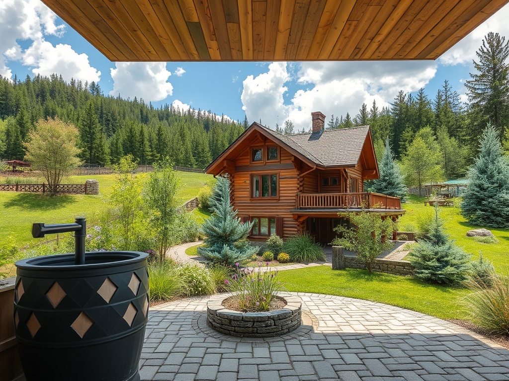 На фото деревянный дом, окруженный зелеными деревьями и ухоженной лужайкой. Ясное небо и солнечный день.