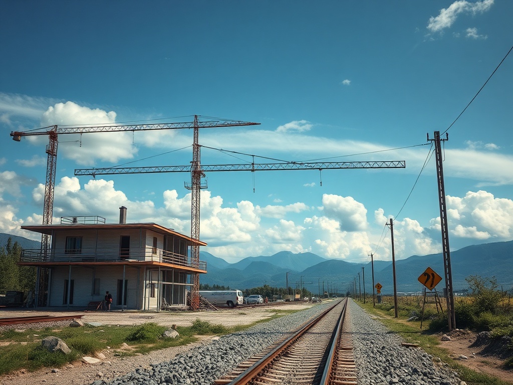 Строительная площадка рядом с железной дорогой, под голубым небом и горами на заднем плане.