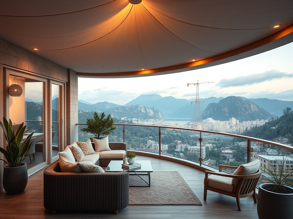 Современная веранда с уютной мебелью и видом на горы и город. Приятная атмосфера для отдыха.