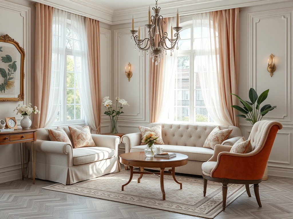 Современный уютный интерьер гостиной с диваном, креслом и большим окном, пропускающим солнечный свет.