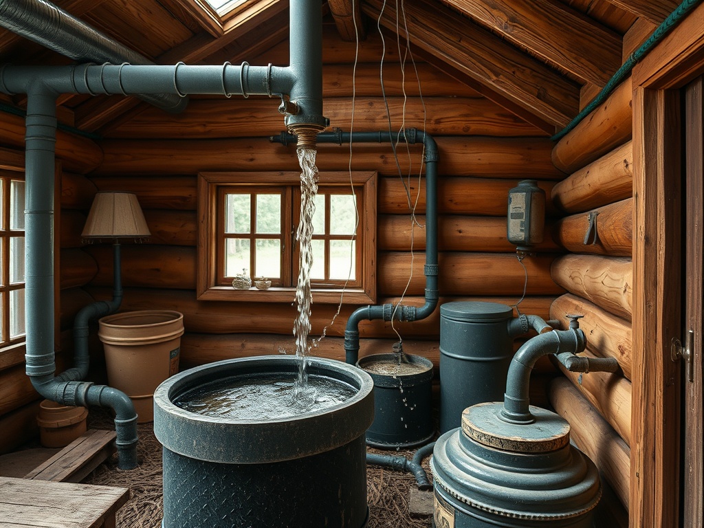 Внутри деревянного здания с трубами и резервуарами для воды, светящиеся окна.