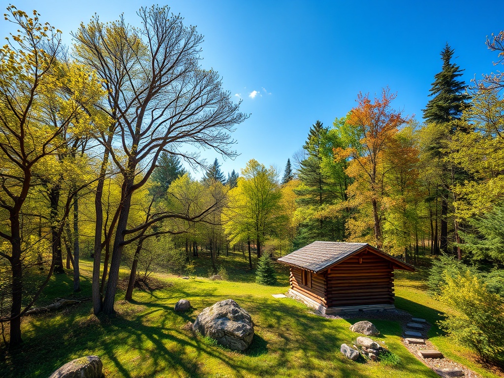 Красивая деревянная хижина в окружении зелёных деревьев и яркого неба весной. Спокойная и умиротворяющая атмосфера.