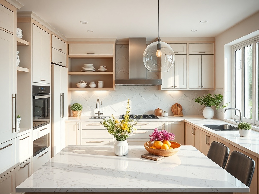 Светлая кухня с мраморным столом, плита, стильные шкафы и большая раковина у окна, оформлена цветами.