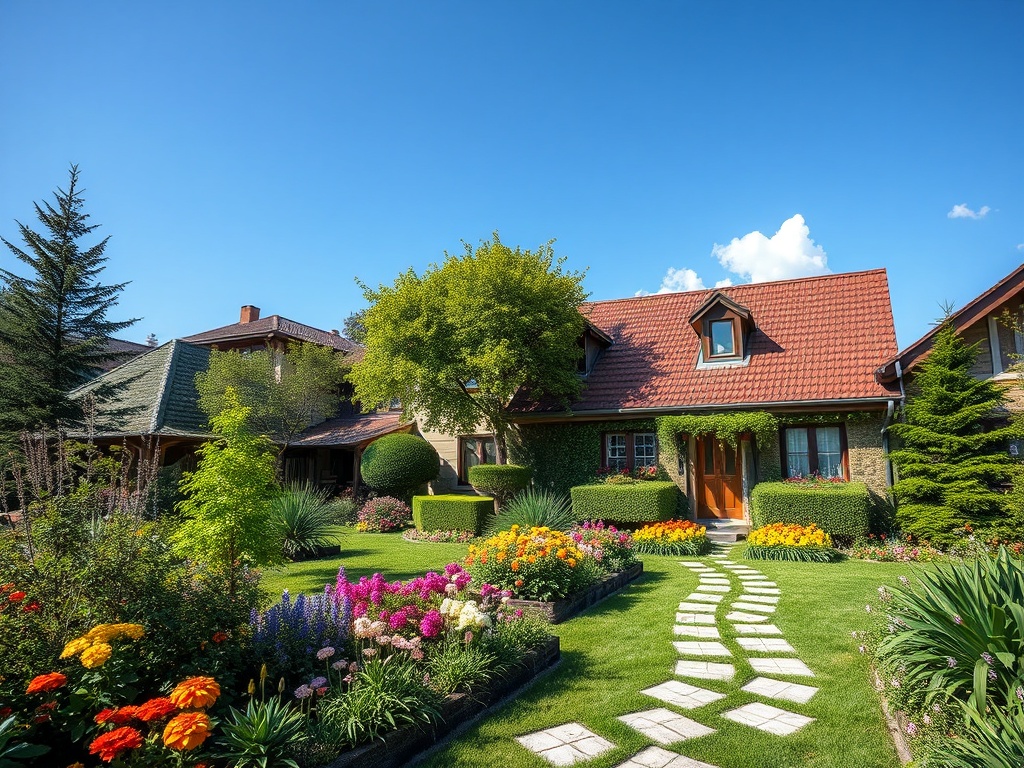 Солнечный дом с красной крышей, окружённый цветами и зелёными деревьями, в ясный день.