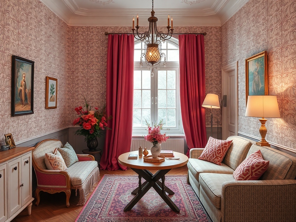 Уютная гостиная с мягкой мебелью, цветами и картинами на стенах, оформленная в пастельных тонах.