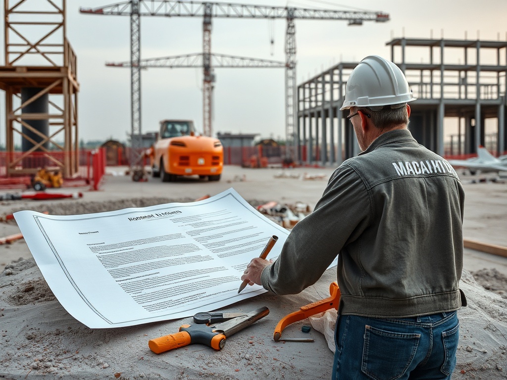 Рабочий на строительной площадке проверяет чертежи, рядом краны и строительная техника.