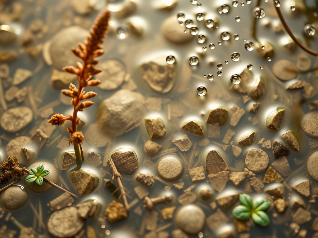 На поверхности воды видны камни, веточки, зелёные растения и капли воды, создающие красивый эффект.