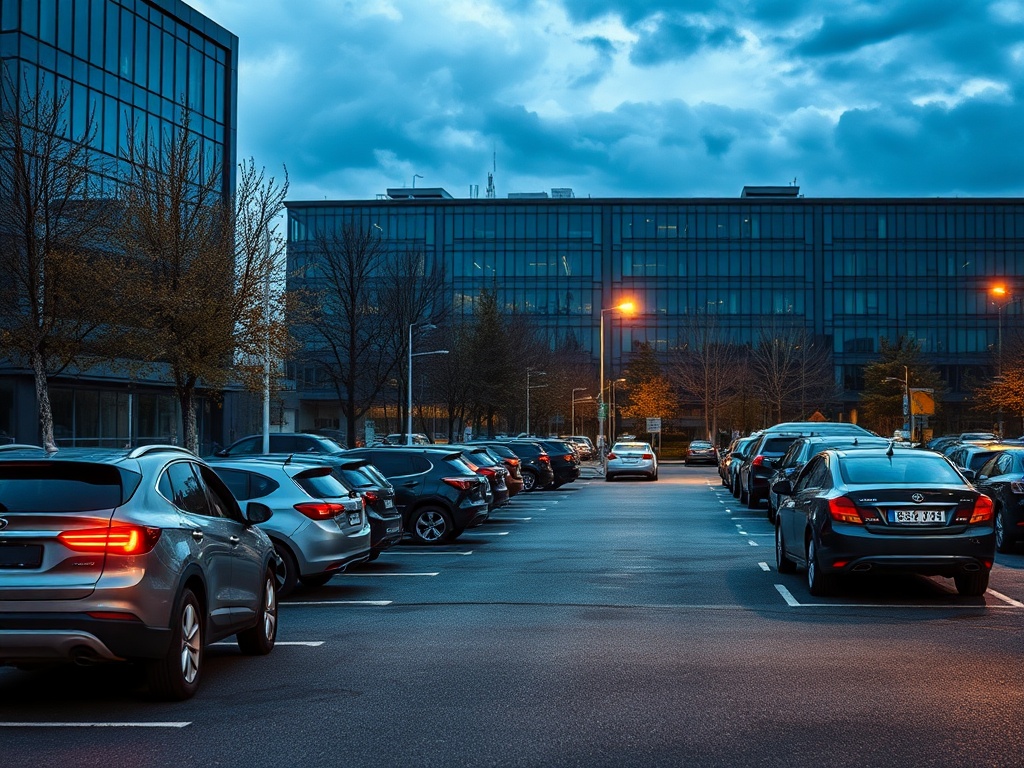 Парковка с множество автомобилей в вечернее время возле современных зданий под облачным небом.