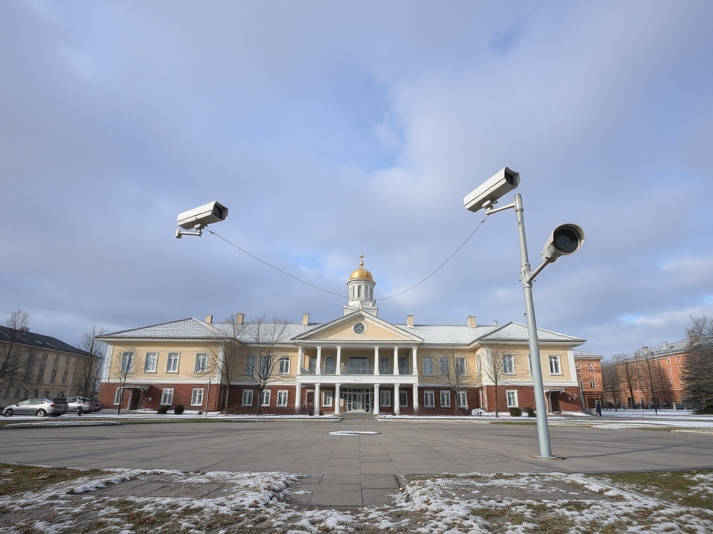 Здание с золотым куполом, рядом камеры видеонаблюдения, зимний пейзаж и облачное небо.