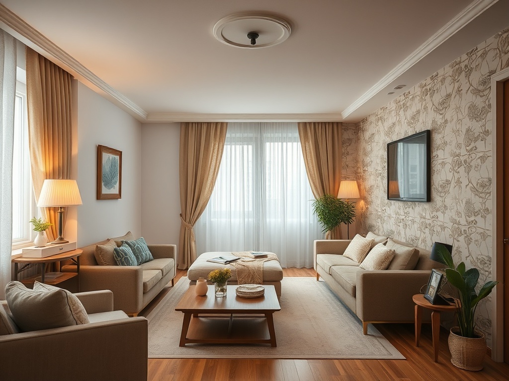 Современная гостиная с мягкими диванами, светлыми шторами и уютным освещением. Стены оформлены floral-узором.