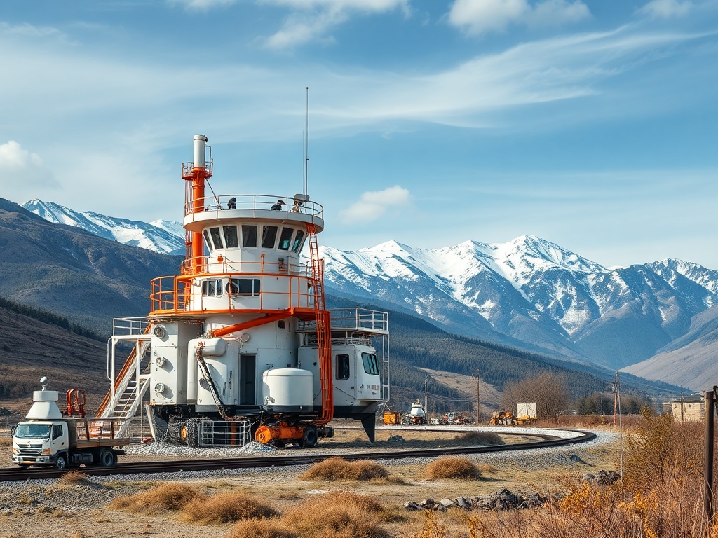 На фоне гор стоит железнодорожная платформа с двухэтажным зданием управления и грузовиками рядом.