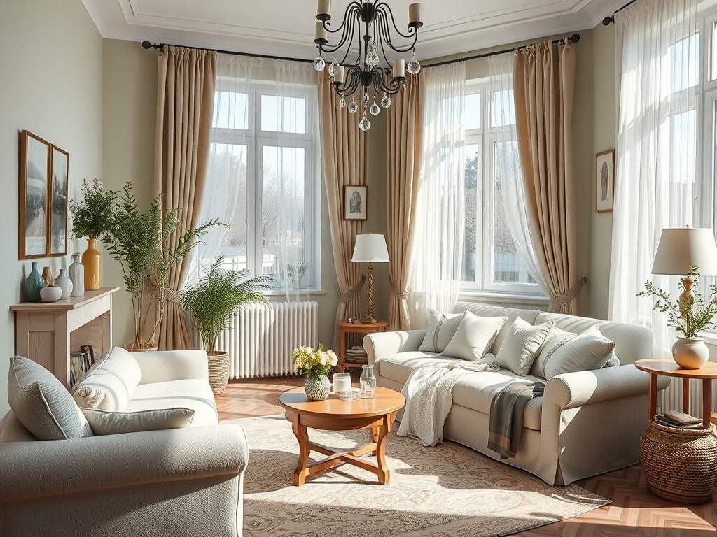 Светлая гостиная с большими окнами, мягкой мебелью и зелеными растениями на столах. Уютная атмосфера.