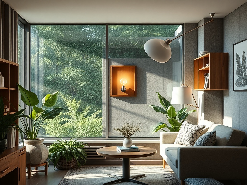 Современный интерьер с яркими растениями и большим окном, пропускающим солнечный свет. Комфортабельная обстановка.