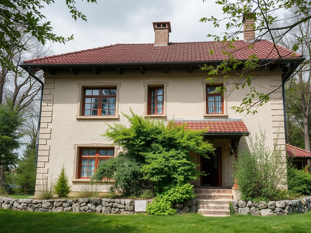 Классический дом с красной крышей, окружённый зеленью и ухоженным газоном.