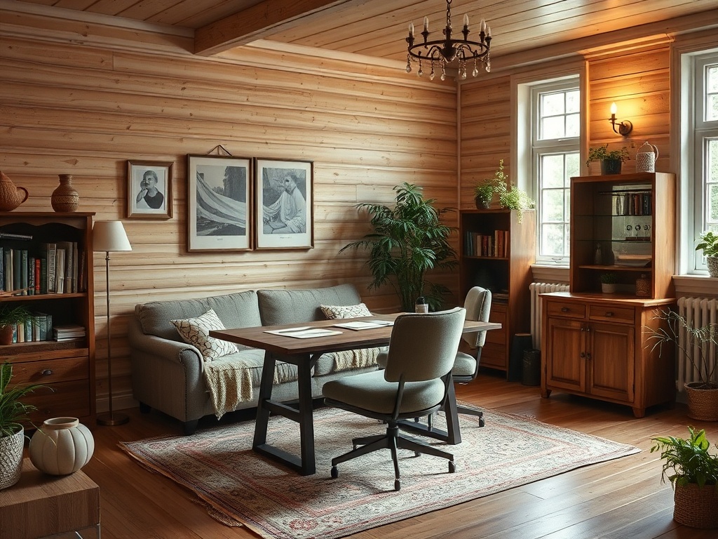 Уютный кабинет в деревянном доме с диваном, столом и библиотекой, оформленный зелеными растениями.