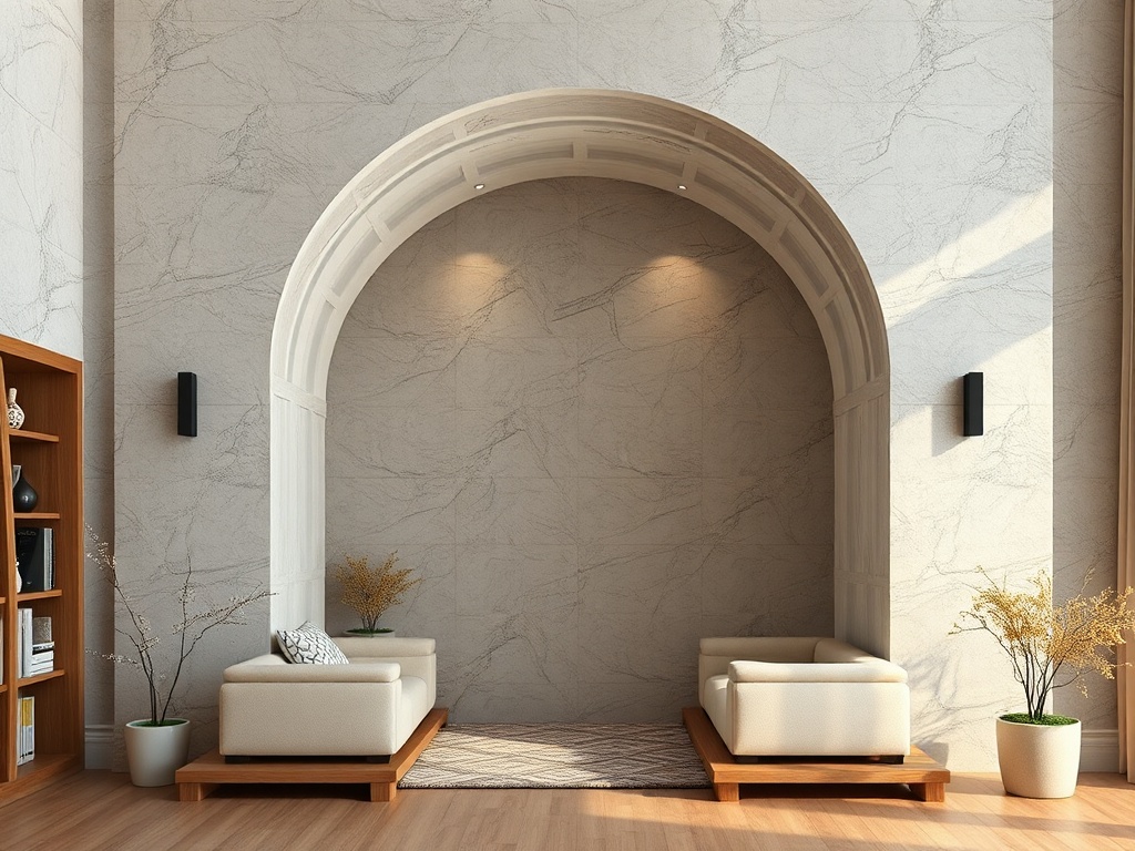 Современный интерьер с белыми диванами, аркой и книжным шкафом на фоне светлой стены.