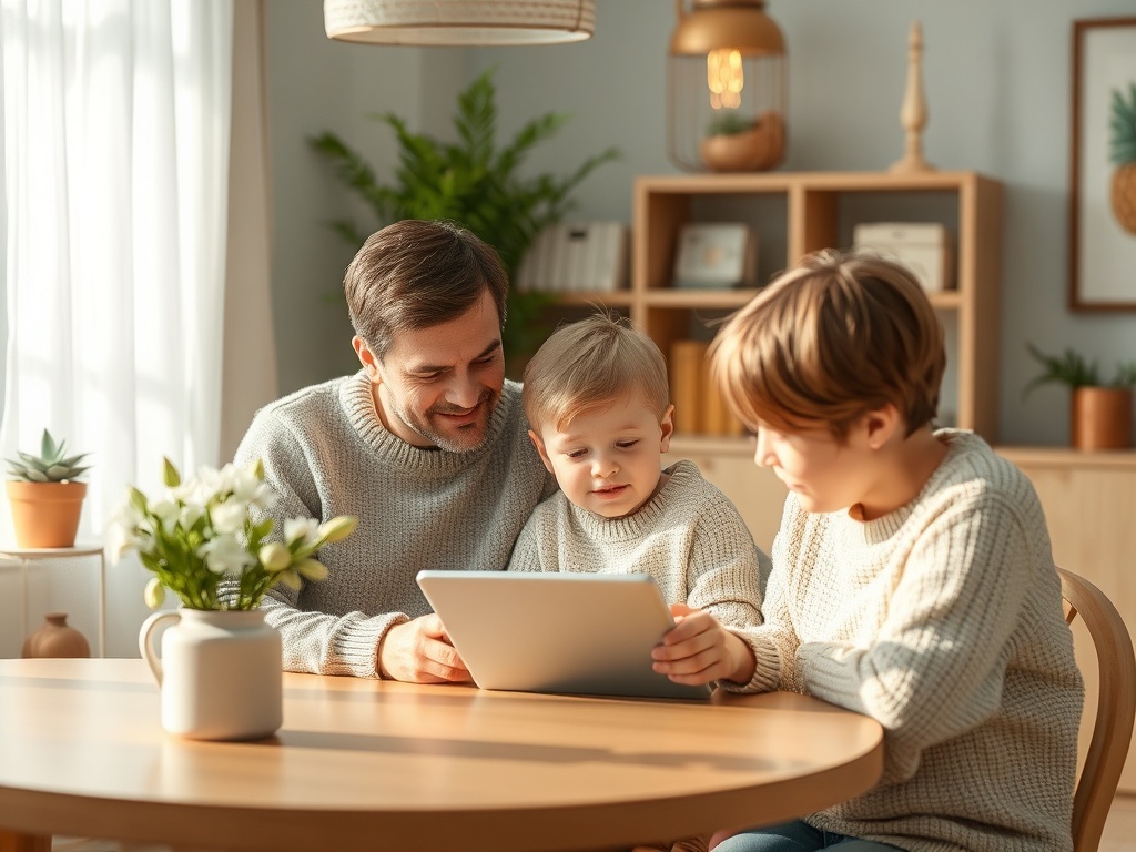 Семья за столом, любуется планшетом, ребенок сидит между отцом и братом, уютная обстановка дома.