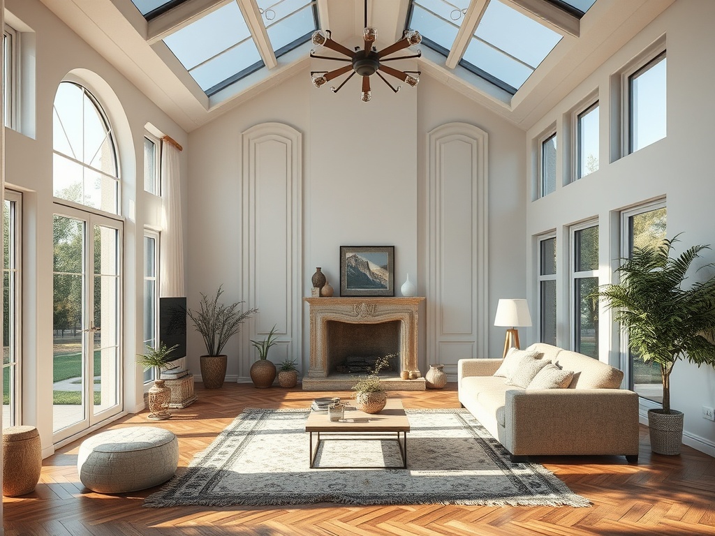 Современная уютная гостиная с большими окнами, камином и растениями. Светлые тона и стильная мебель.